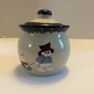 Snowman "Merry Christmas" Ceramic Crock Lidded Candle Holder Glossy Stoneware.